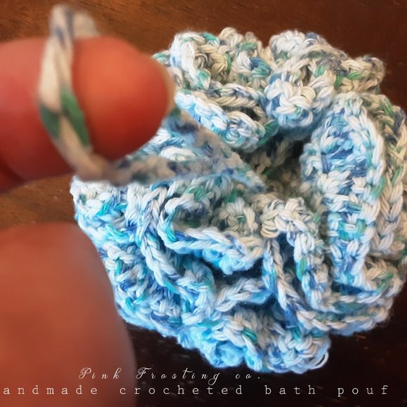 Aqua blue and green handmade crocheted bath pouf - Picture 5 of 6